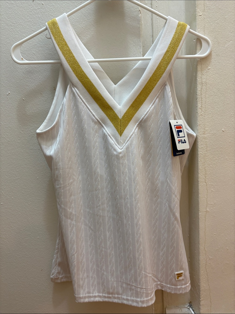 NWT Fila Cabled White Workout Tank Top with Metallic Gold V-Neck Stripes